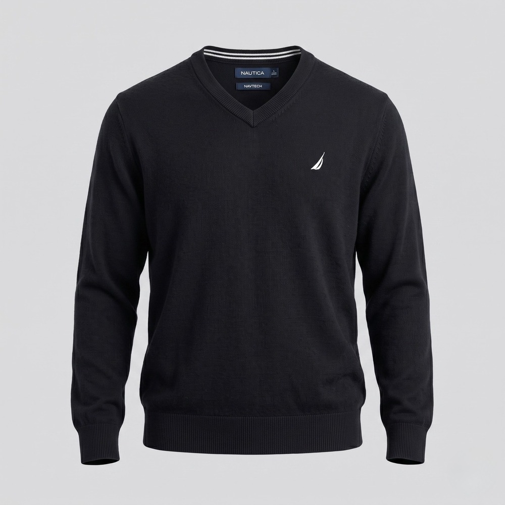 Nautica Mens Large Black Sweater Navtech V-Neck Pullover Cotton‎ Blend Logo